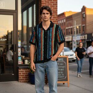 RingSpun Mens Knit Polo Shirt Medium 100% Cotton Textured NWT 90s Coogi Vibe